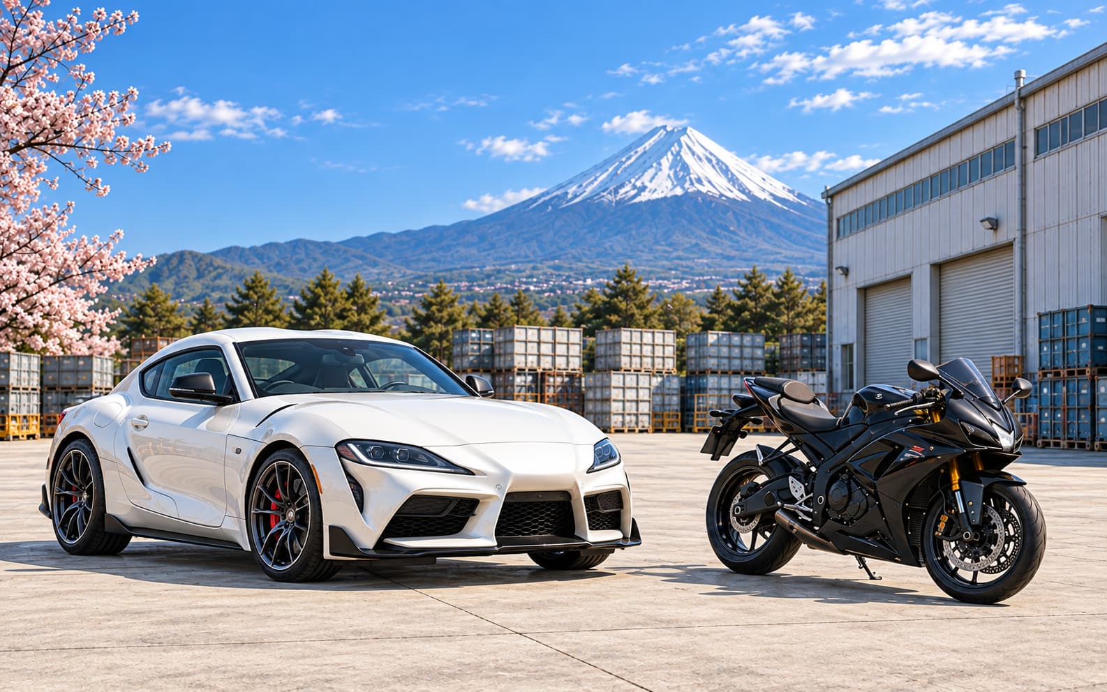 Car and motorcycle in a Japanese export yard